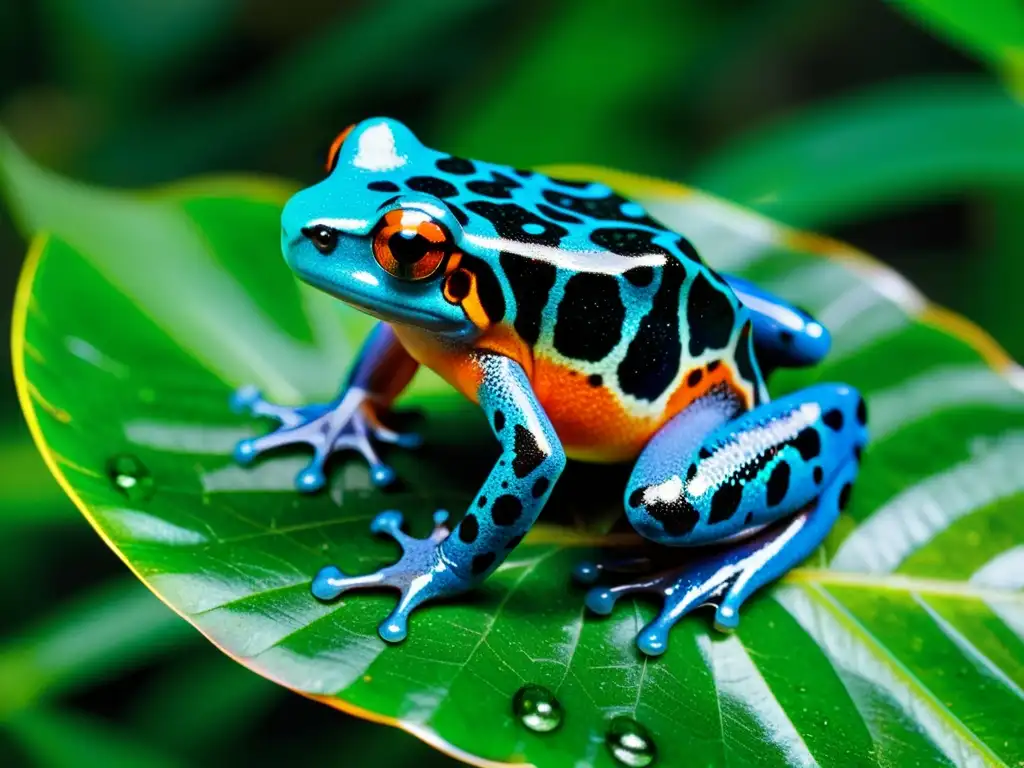 Una rana venenosa colorida posada en una hoja en la exuberante selva, mostrando sus vibrantes colores