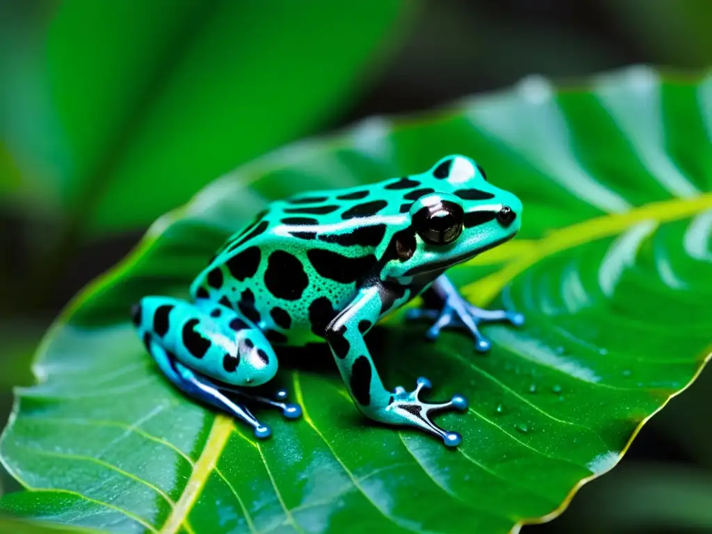 Una rana venenosa Dendrobates auratus posada en una hoja en la selva lluviosa