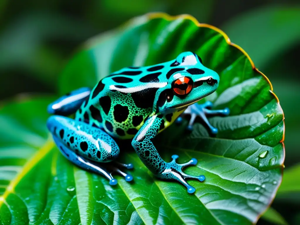 Una rana venenosa con patrón intrincado en la selva lluviosa; refleja la importancia de anfibios en folclore