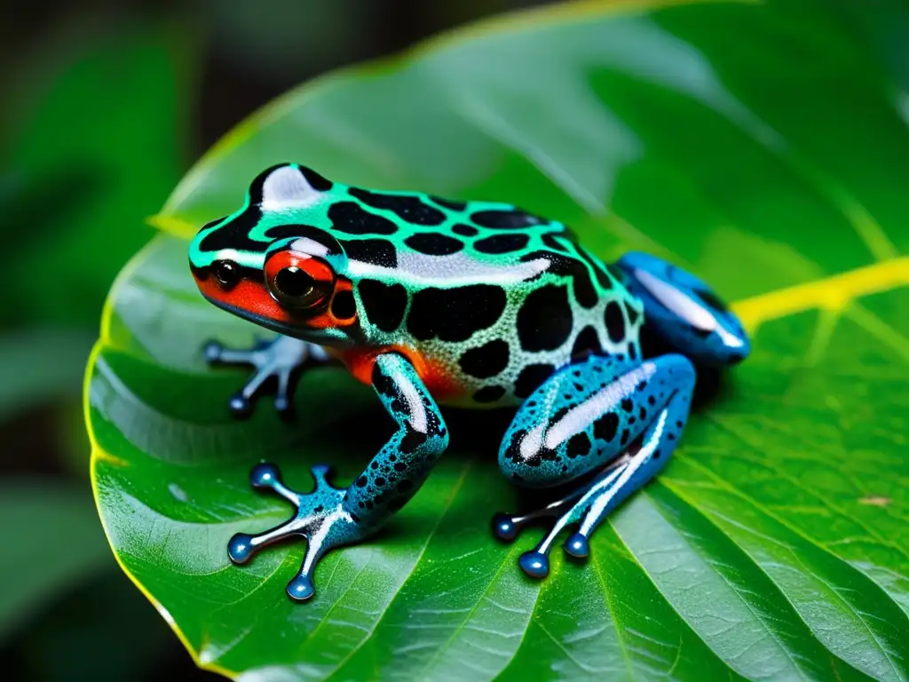 Una rana venenosa verde y negra en la exuberante selva tropical