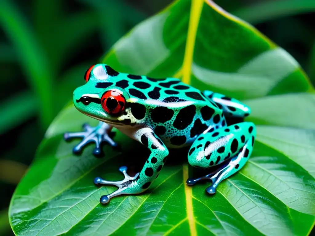 Una rana venenosa verde y negra posada en una hoja en la selva