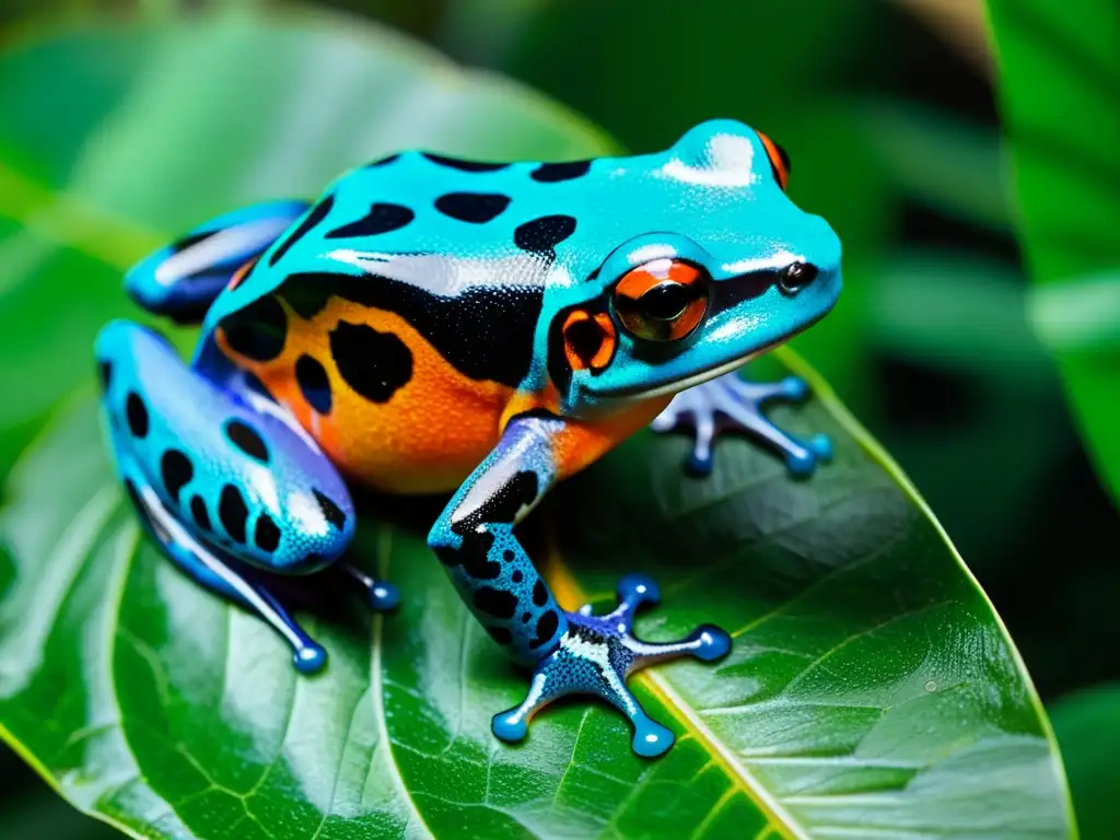 Una rana venenosa vibrante en la selva exuberante, resaltando la diversidad de anfibios en biomas con sus colores radiantes y patrones intrincados