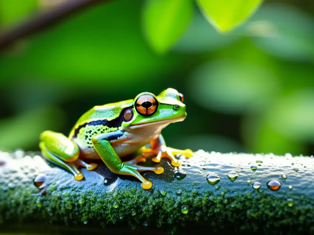 Una rana arbórea verde en un bosque lluvioso tropical, reflejando la belleza de hábitats únicos reptiles anfibios