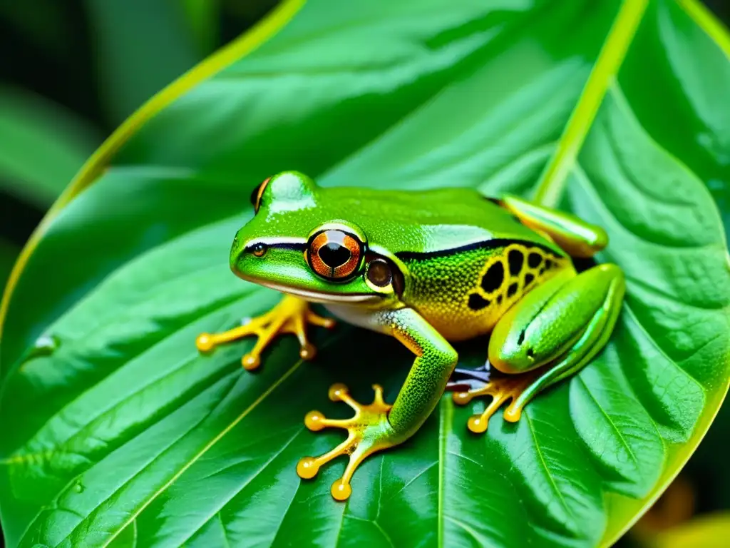 Una rana arbórea verde brillante descansa en una hoja en la selva tropical, ilustrando la pérdida de biodiversidad en hábitats de reptiles