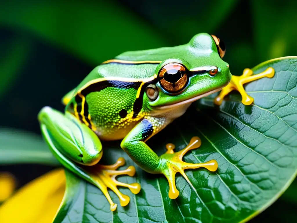 Una rana arbórea verde brillante se aferra a una hoja en la selva nocturna