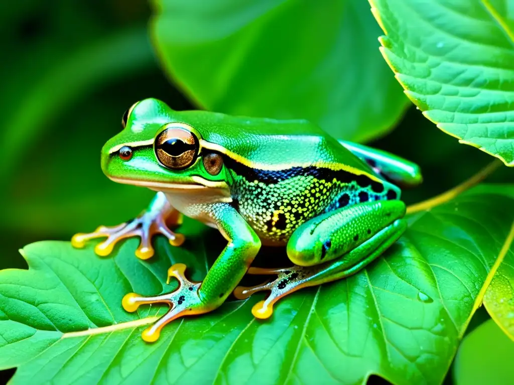 Rana arborícola verde camuflada entre hojas húmedas, destacando sus tácticas de defensa en anfibios y reptiles