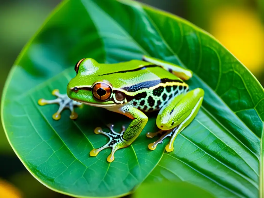 Una rana verde descansa en una hoja en la exuberante selva tropical