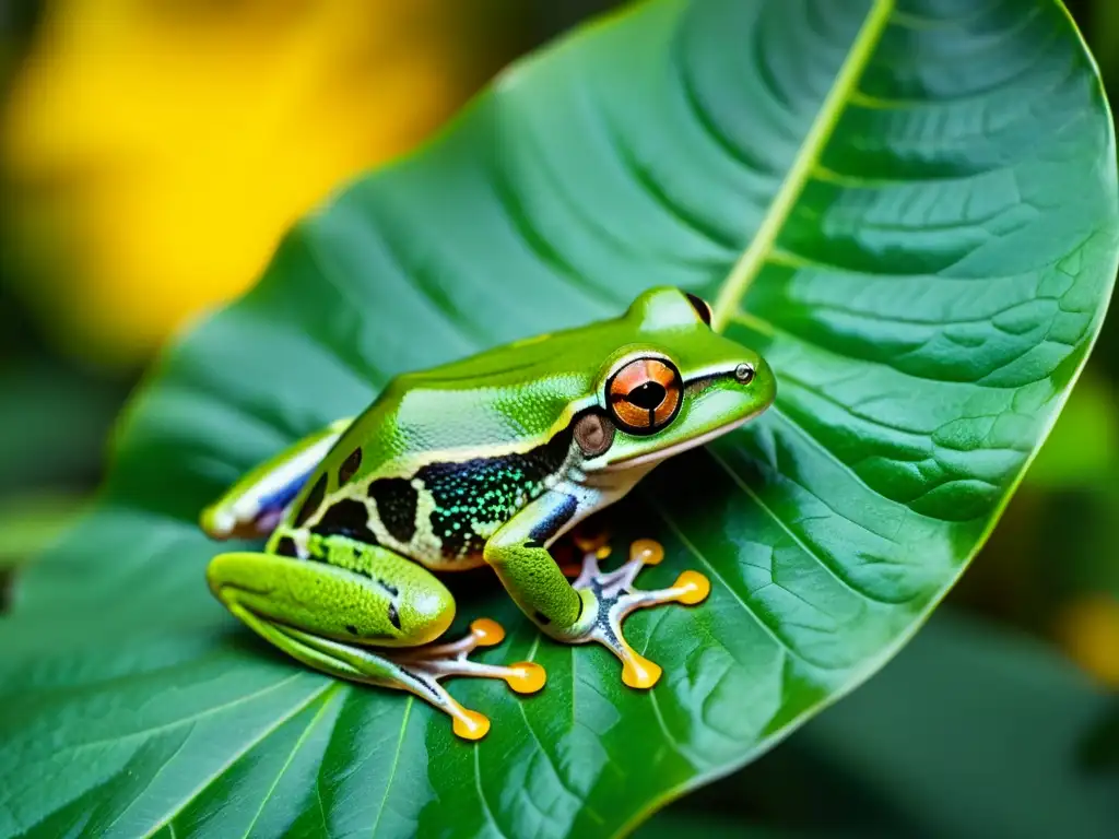 Una rana arbórea verde se camufla entre las hojas de la selva tropical