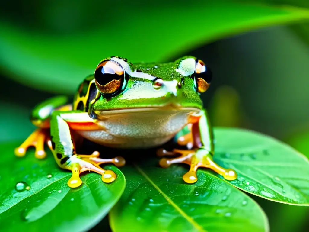 Una rana verde en la selva lluviosa, con gotas de agua en su piel, entre hojas