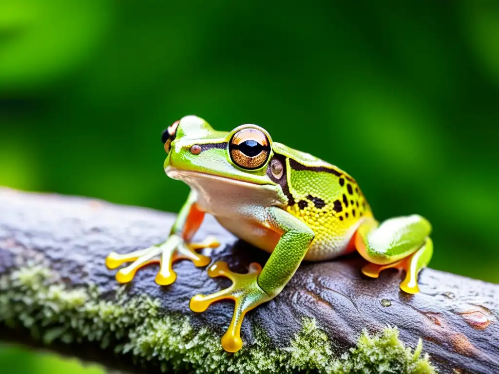 Rana verde en la selva: maravilla en alta resolución Una rana arbórea verde vibrante en un bosque tropical, resaltando la importancia de la Prevención enfermedades fúngicas anfibios