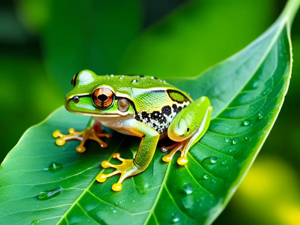 Una rana arbórea verde vibrante, con gotas de agua en la piel, observa la cámara en la selva