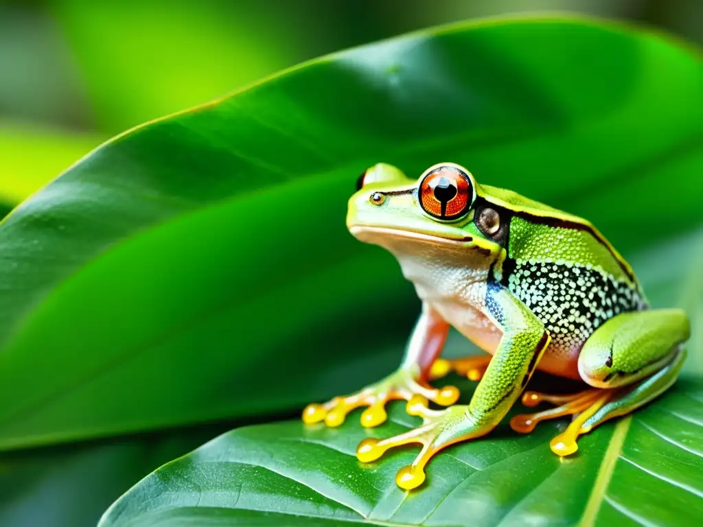 Rana de árbol verde brillante en la selva tropical Una rana arbórea verde vibrante con gotas de agua sobre su piel, en un bosque tropical