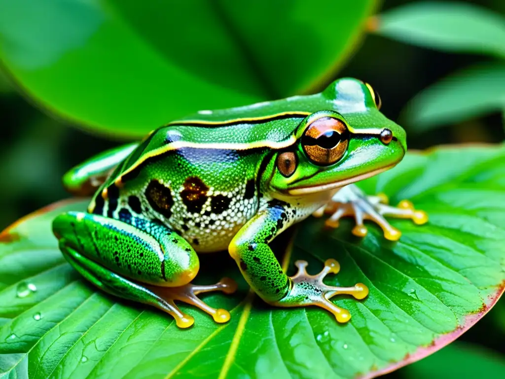 Una rana arbórea verde vibrante se aferra a una hoja en la exuberante selva, capturando la esencia de los microhábitats de anfibios en la selva