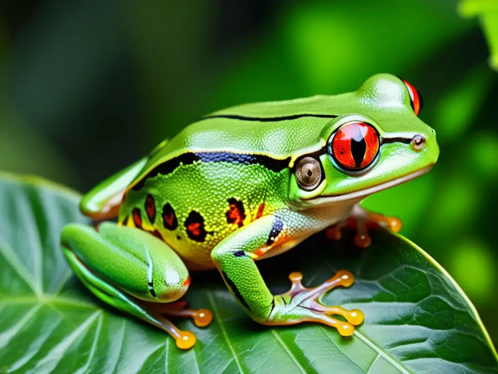 Una rana arbórea verde vibrante se aferra a una hoja en la selva tropical, mostrando la relación entre reptiles y ecosistema