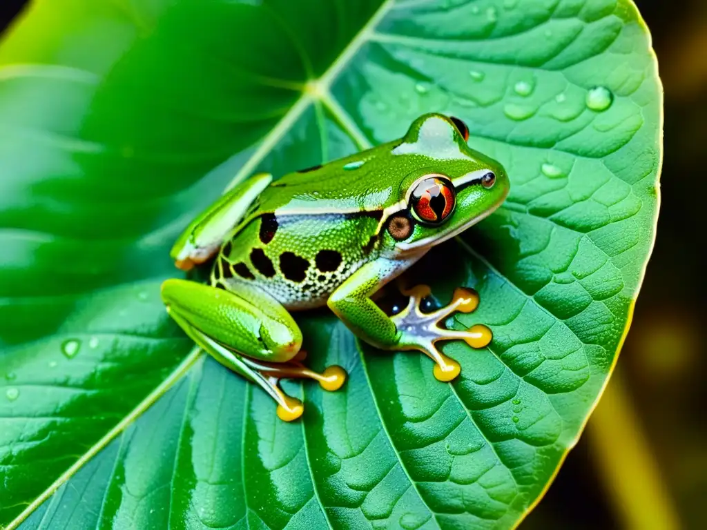 Una rana verde vibrante se aferra a una hoja brillante en la densa selva tropical