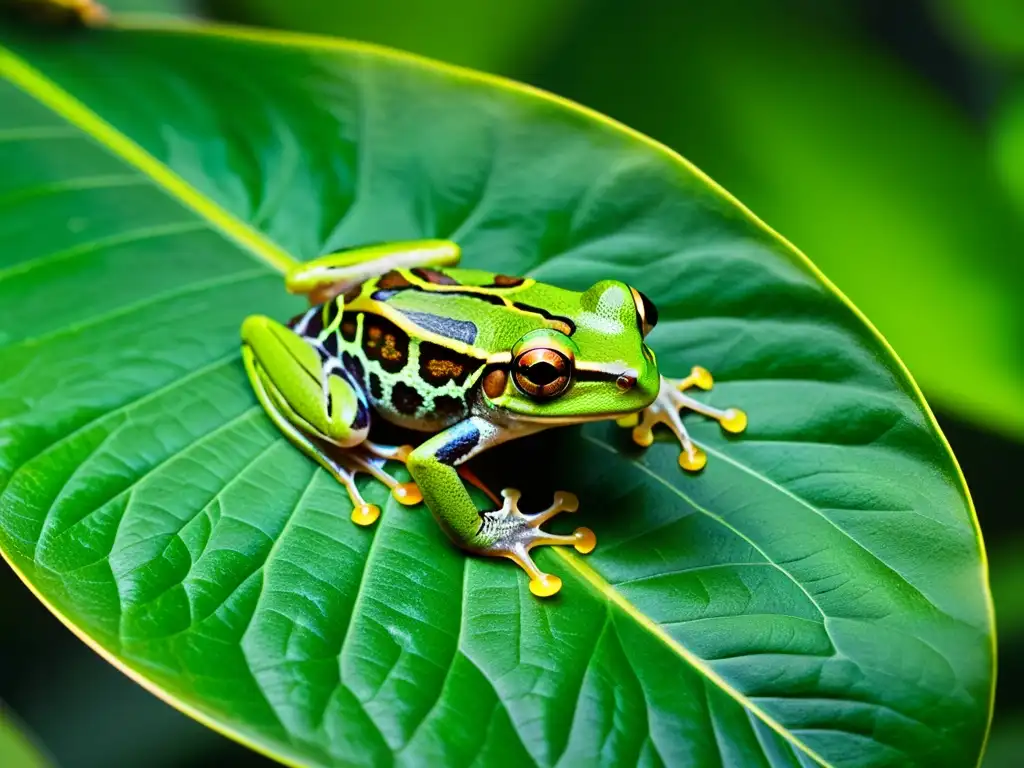 Una rana verde vibrante descansa en una hoja en la selva tropical