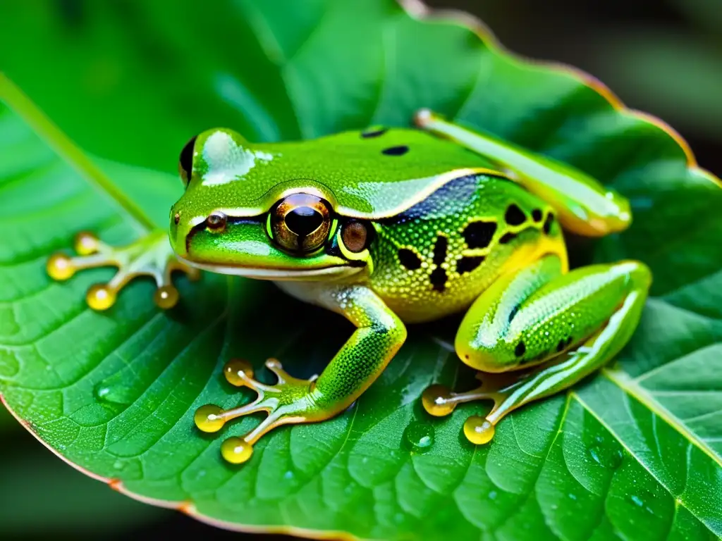 Una rana verde vibrante en una hoja húmeda, mostrando el manejo de humedad para anfibios con su piel translúcida y ojos expresivos