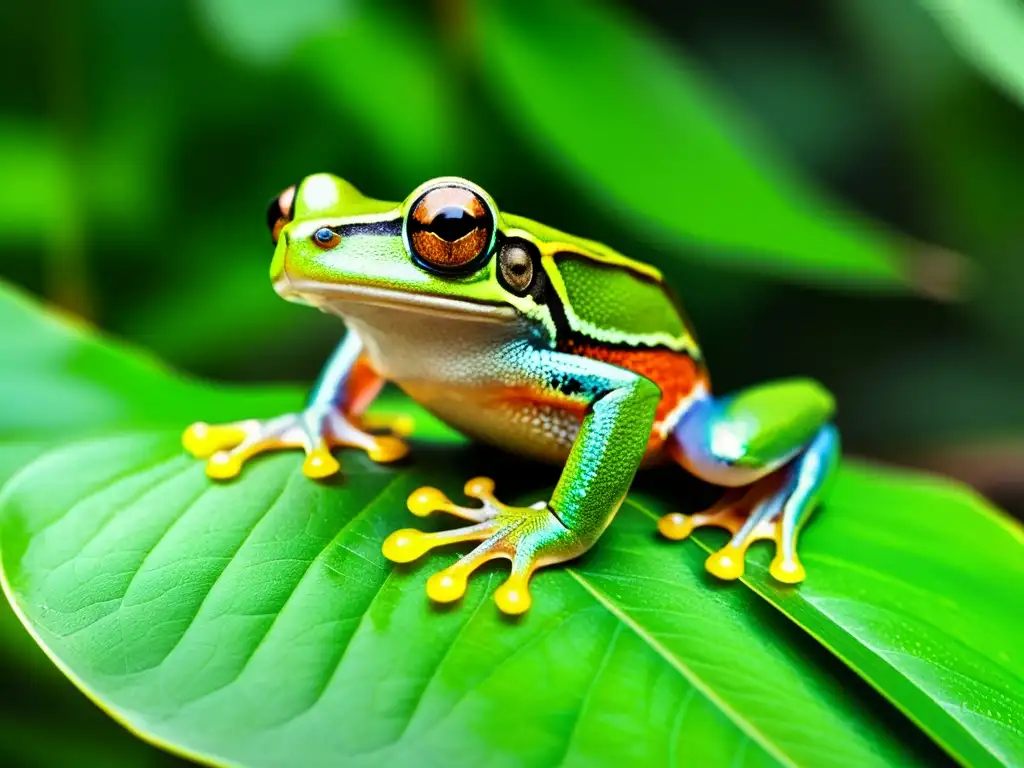 Una rana verde vibrante descansa en una hoja en la selva tropical, destacando la importancia del enriquecimiento auditivo para reptiles sensibles