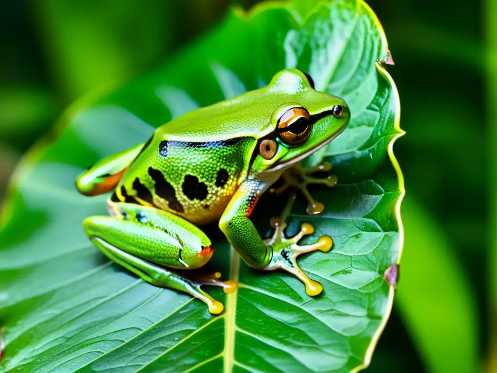 Una rana arbórea verde vibrante se aferra a una hoja en la selva tropical