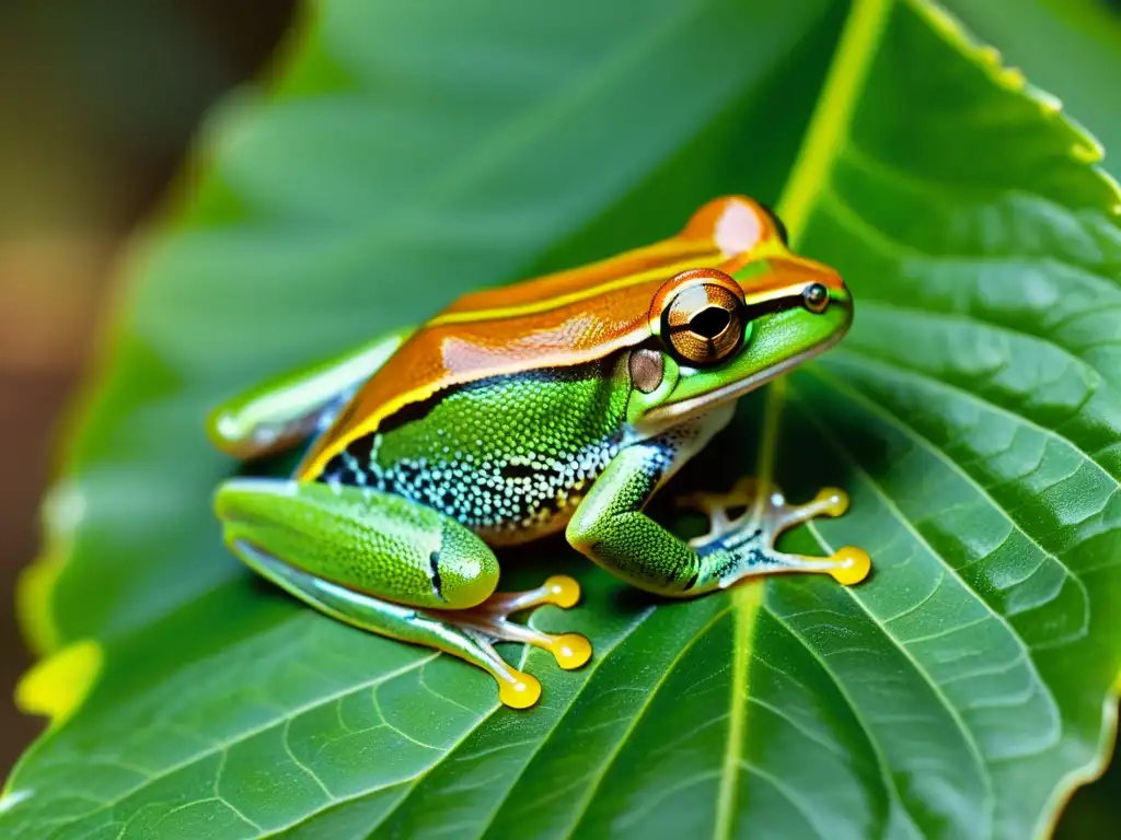 Una rana arbórea verde vibrante descansando en una hoja, con su piel translúcida y ojos dorados brillando bajo la luz del sol