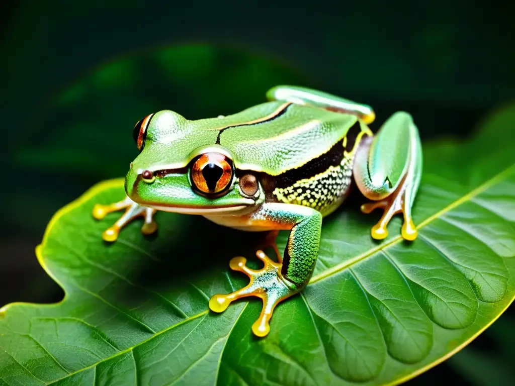 Una rana arbórea verde vibrante descansa en una hoja en la selva nocturna, iluminada por la luz de la luna