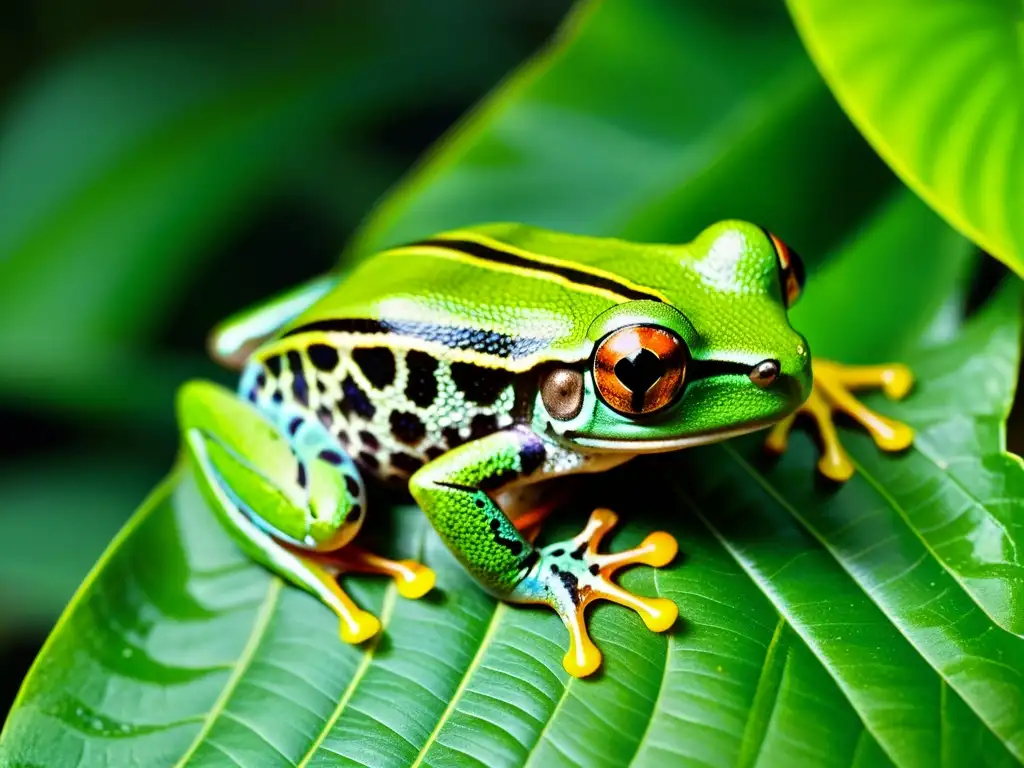 Una rana arbórea verde vibrante se aferra a una hoja en la selva tropical