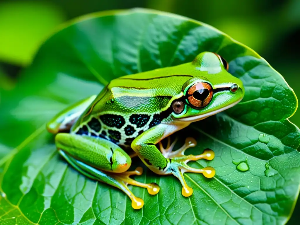 Una rana arborícola verde vibrante descansa en una hoja de la selva tropical