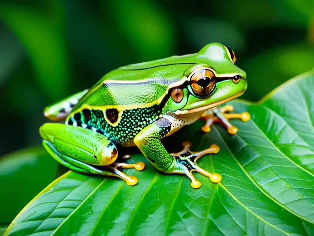 Una rana arborícola verde vibrante descansa en una hoja en la selva tropical