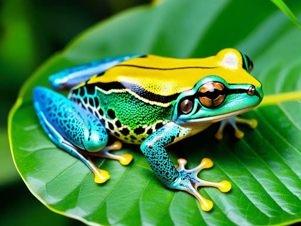 Una rana arbórea verde vibrante descansa en una hoja en la selva, destacando la belleza natural