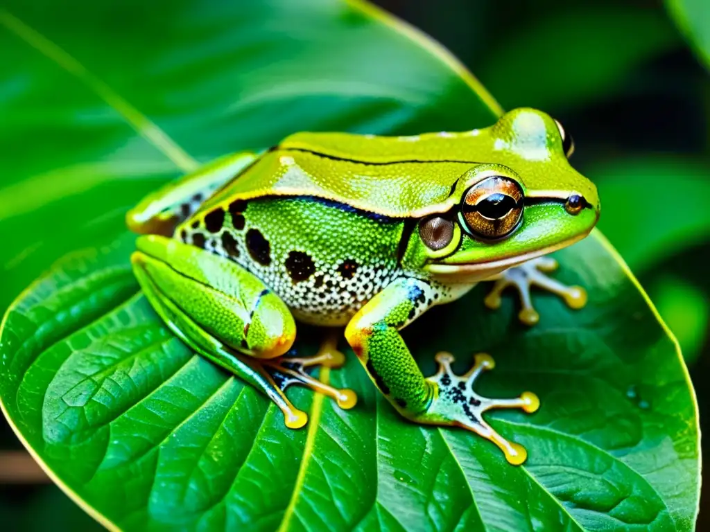 Una rana arbórea verde vibrante descansa en una hoja, su piel húmeda y moteada brilla bajo la suave luz del dosel del bosque lluvioso