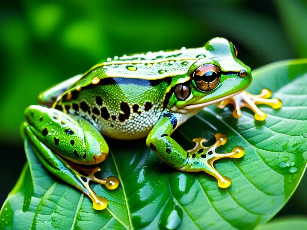 Una rana arbórea verde vibrante descansa en una hoja húmeda después de la lluvia en la exuberante selva