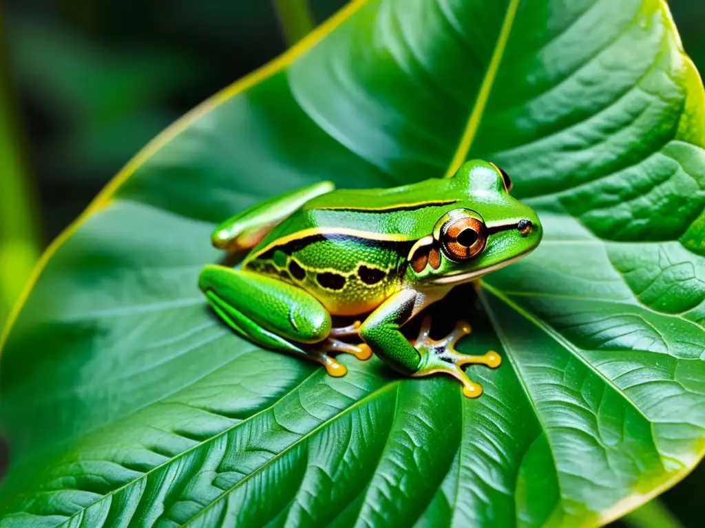 Una rana verde vibrante descansa en una hoja en la selva tropical, reflejando la luz del sol