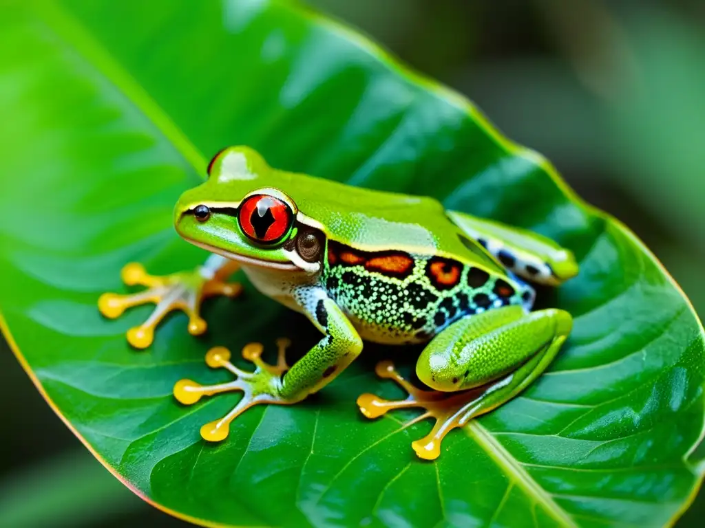 Una rana arbórea verde vibrante se aferra a una hoja en la selva tropical, destacando la necesidad de conservación de hábitats para reptiles