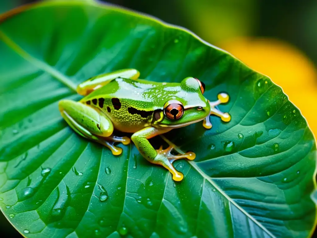 Una rana arbórea verde vibrante descansa sobre una hoja húmeda, con diminutas gotas de agua brillando en su piel