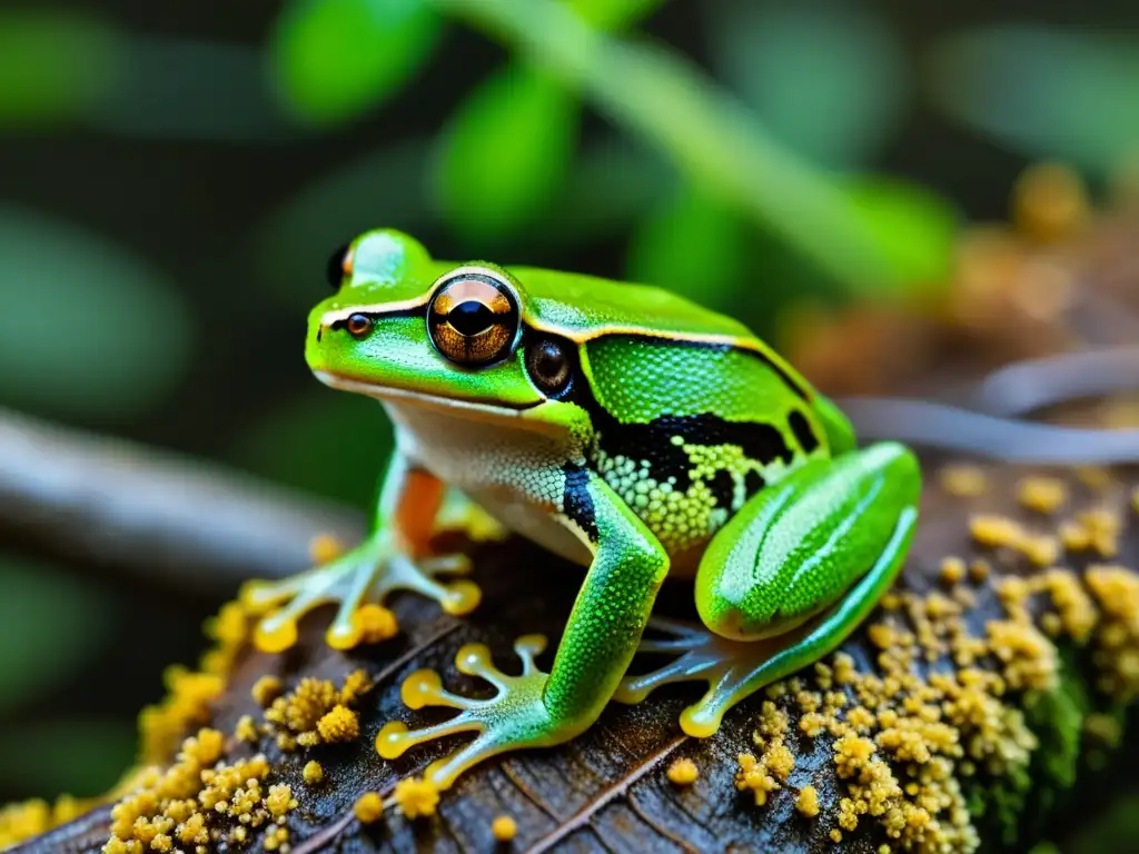 Una rana verde vibrante sobre hongos del suelo, mostrando la relación simbiótica entre anfibios y hongos en su entorno natural