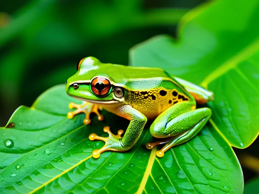 Una rana arbórea verde vibrante observa con intensidad desde una hoja en la selva tropical