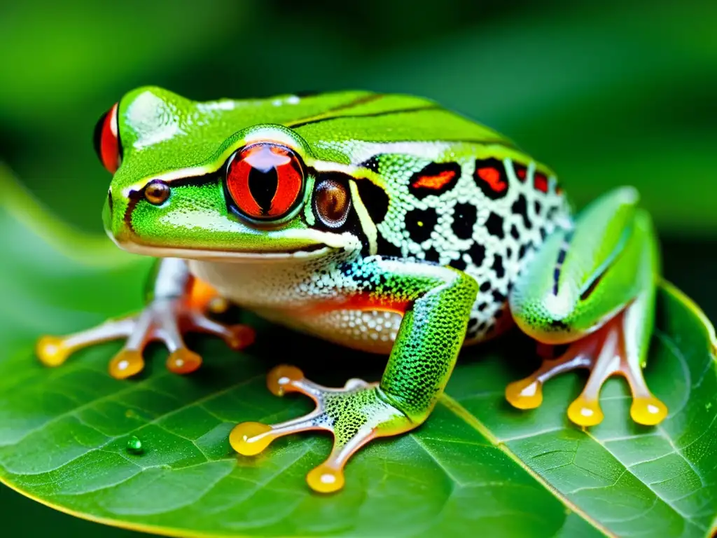 Una rana arbórea verde vibrante con ojos rojos cautivadores descansa sobre una hoja, mostrando su piel transparente y patrones intrincados