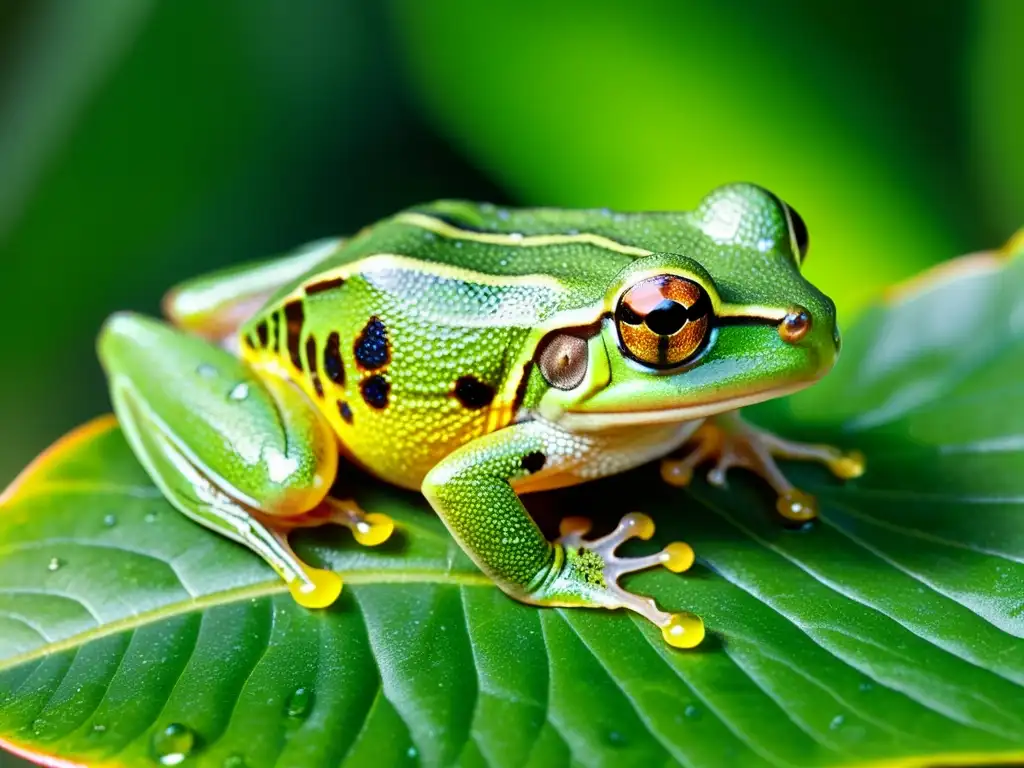 Una rana arbórea verde vibrante con piel translúcida y gotas de agua, en un entorno tropical exuberante