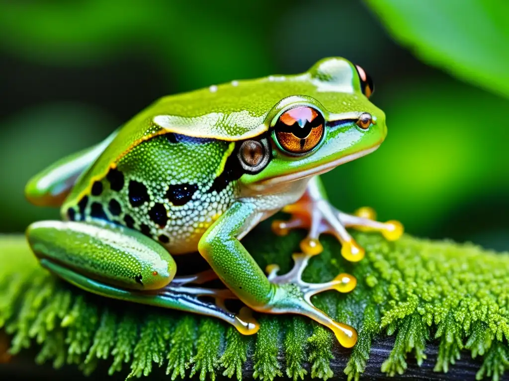 Una rana arbórea verde vibrante muestra su piel traslúcida con venas detalladas, con gota de agua en su espalda, en un denso bosque tropical