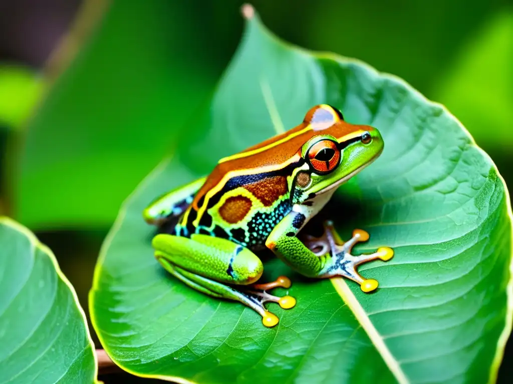 Una rana arborícola verde vibrante posada en una hoja en una selva húmeda