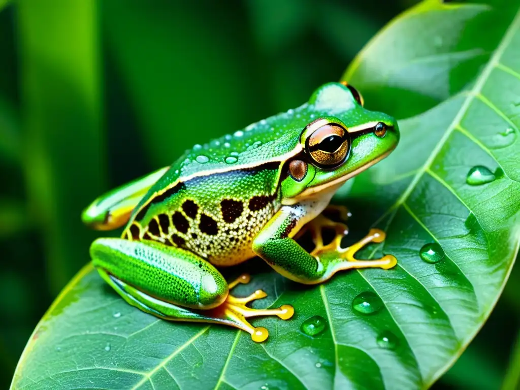 Una rana verde vibrante posada en una hoja en la exuberante selva tropical, ilustrando el impacto de la urbanización en reptiles y anfibios