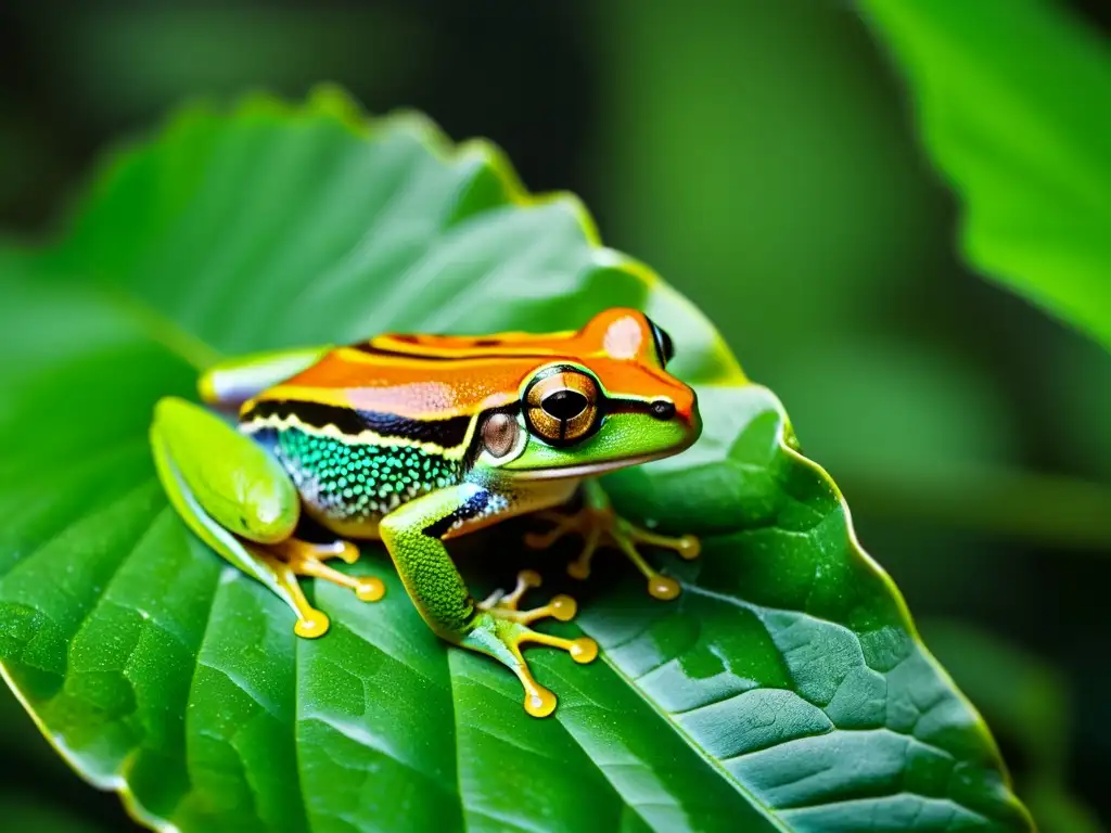 Una rana arbórea verde vibrante posada en una hoja en la selva, con su piel brillante y patrones texturizados visibles