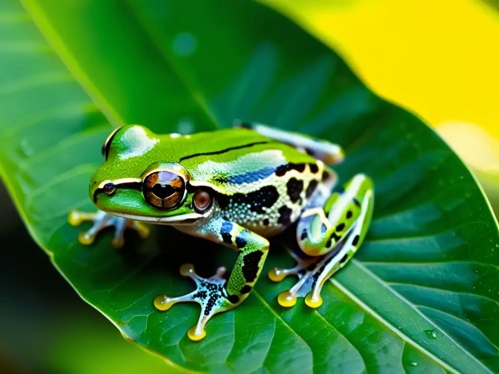 Una rana arbórea verde vibrante en la selva tropical, destellos de agua en su piel