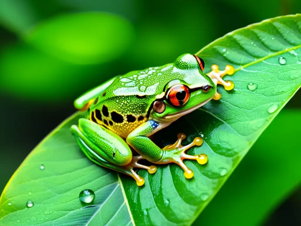 Una rana arbórea verde vibrante en la selva tropical, con gotas de lluvia en su piel y ojos saltones