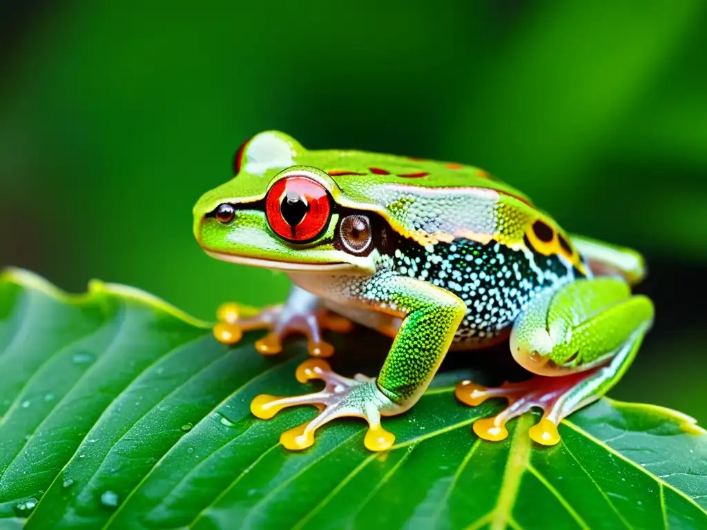 Rana de árbol verde vibrante en la selva tropical Una rana arbórea exótica de vibrante color verde descansa sobre una hoja en la selva tropical, en un entorno natural húmedo