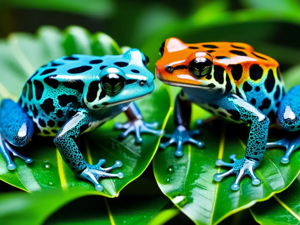 Dos ranas venenosas realizan un ritual de apareamiento bajo la lluvia, con sus vibrantes colores resaltando entre las hojas húmedas