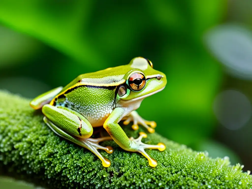 Una ranita verde en rama musgosa con textura detallada, ojos dorados alertas y gotas de agua en su piel