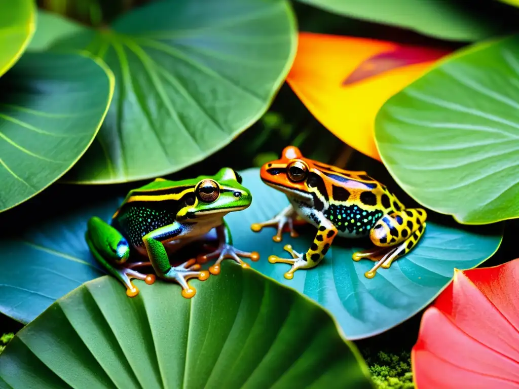 Dispersión rápida de ranas y sapos exóticos en la exuberante selva, evocando misterio y maravilla con sus colores vibrantes y patrones únicos