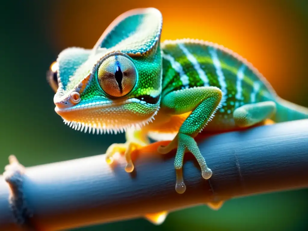 Recién nacido: Detalles asombrosos de un bebé camaleón en su nuevo hogar Un recién nacido camaleón se aferra a una rama en su entorno de cuidado neonatal en reptiles, sus escamas brillan bajo la luz cálida