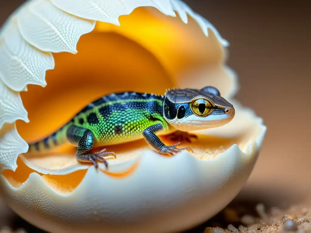 Un recién nacido reptil emergiendo del cascarón, mostrando sus delicadas escamas y ojos bajo una cálida luz